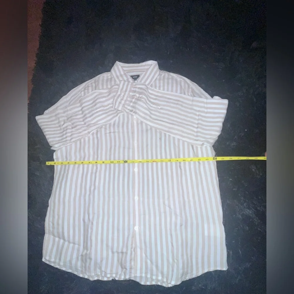 Express Button Down Linen Blend Long Sleeve Shirt L Men Tan White Striped NWT - Picture 2 of 4